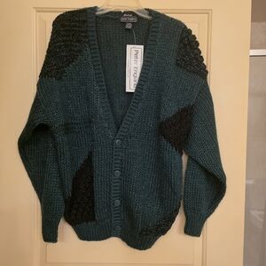 NWT VTG Peter England Mens L Green Black 3-Button Hand Knitted Cardigan Sweater